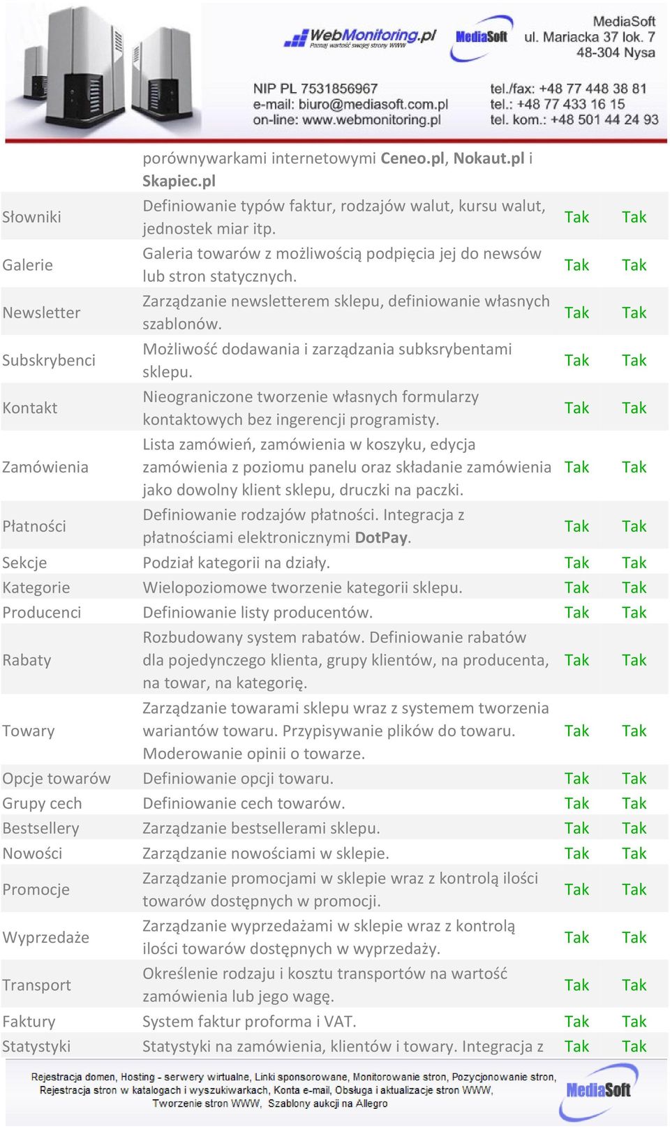 Subskrybenci Możliwość dodawania i zarządzania subksrybentami sklepu. Kontakt Nieograniczone tworzenie własnych formularzy kontaktowych bez ingerencji programisty.