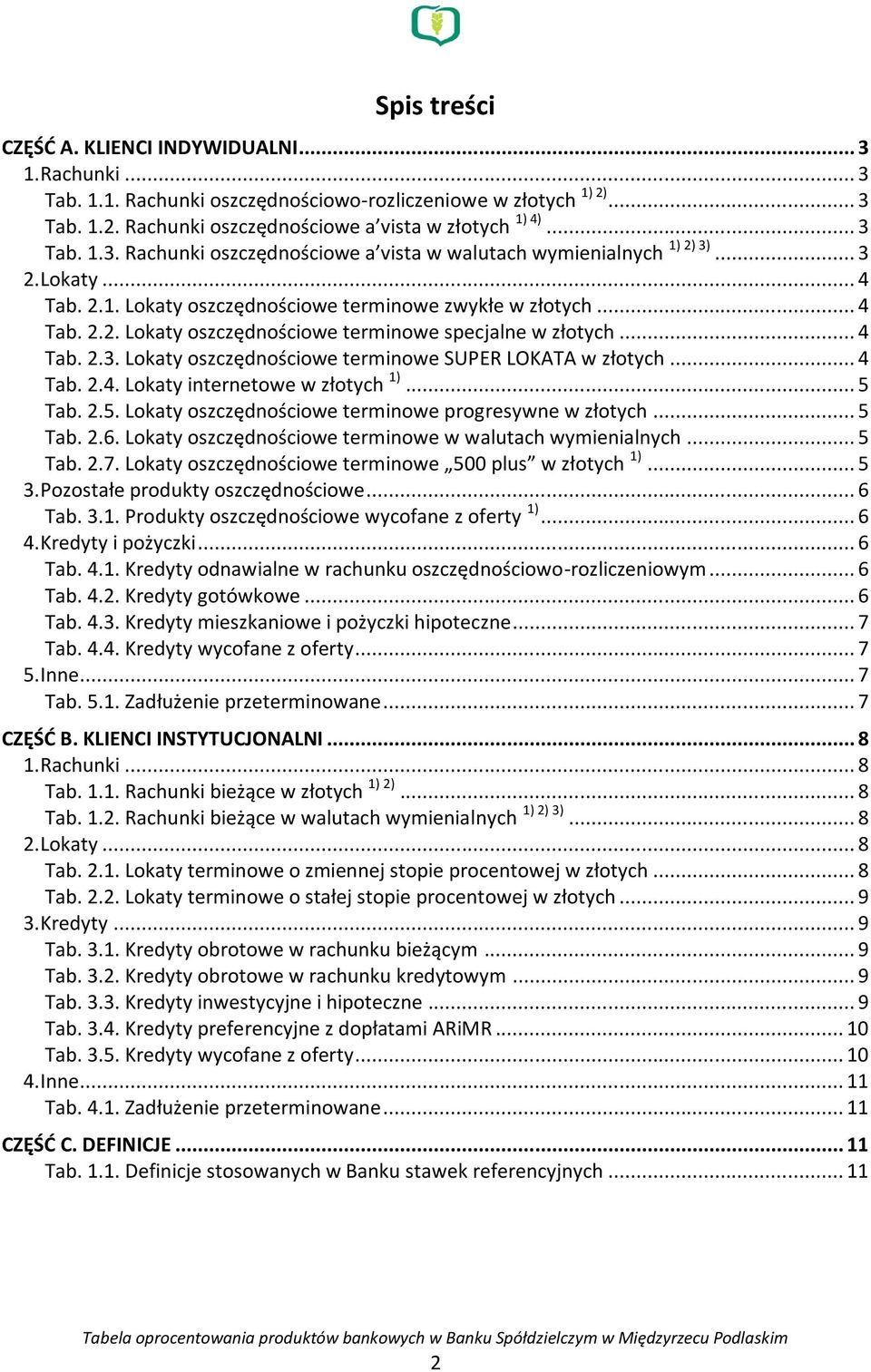 .. 4 Tab. 2.4. Lokaty internetowe w złotych 1)... 5 Tab. 2.5. Lokaty oszczędnościowe terminowe progresywne w złotych... 5 Tab. 2.6. Lokaty oszczędnościowe terminowe w walutach wymienialnych... 5 Tab. 2.7.