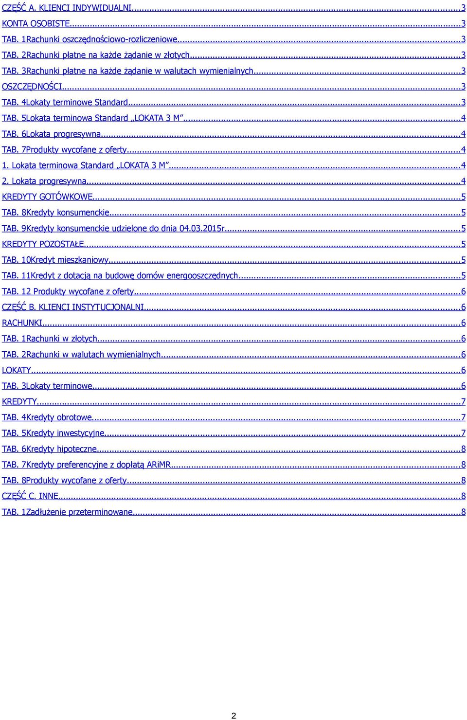 ..4 Lokata terminowa Standard LOKATA 3 M...4 2. Lokata progresywna...4 KREDYTY GOTÓWKOWE...5 TAB. 8Kredyty konsumenckie...5 TAB. 9Kredyty konsumenckie udzielone do dnia 04.03.2015r.