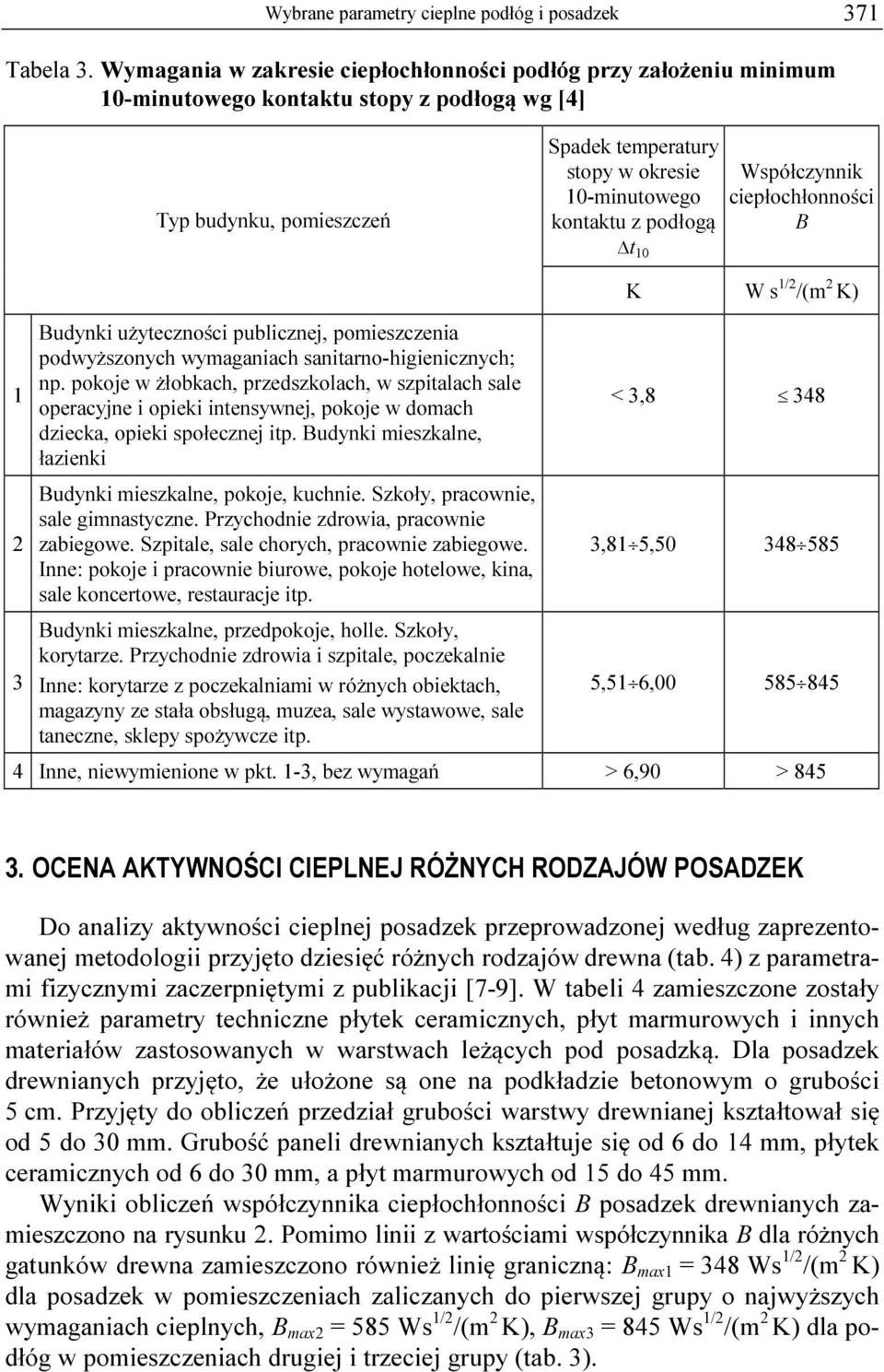 podłogą t 10 Współczynnik ciepłochłonności B 1 3 Budynki użyteczności publicznej, pomieszczenia podwyższonych wymaganiach sanitarno-higienicznych; np.