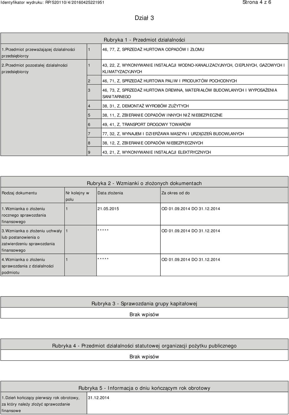 Z, SPRZEDAŻ HURTOWA PALIW I PRODUKTÓW POCHODNYCH 3 46, 73, Z, SPRZEDAŻ HURTOWA DREWNA, MATERIAŁÓW BUDOWLANYCH I WYPOSAŻENIA SANITARNEGO 4 38, 31, Z, DEMONTAŻ WYROBÓW ZUŻYTYCH 5 38, 11, Z, ZBIERA