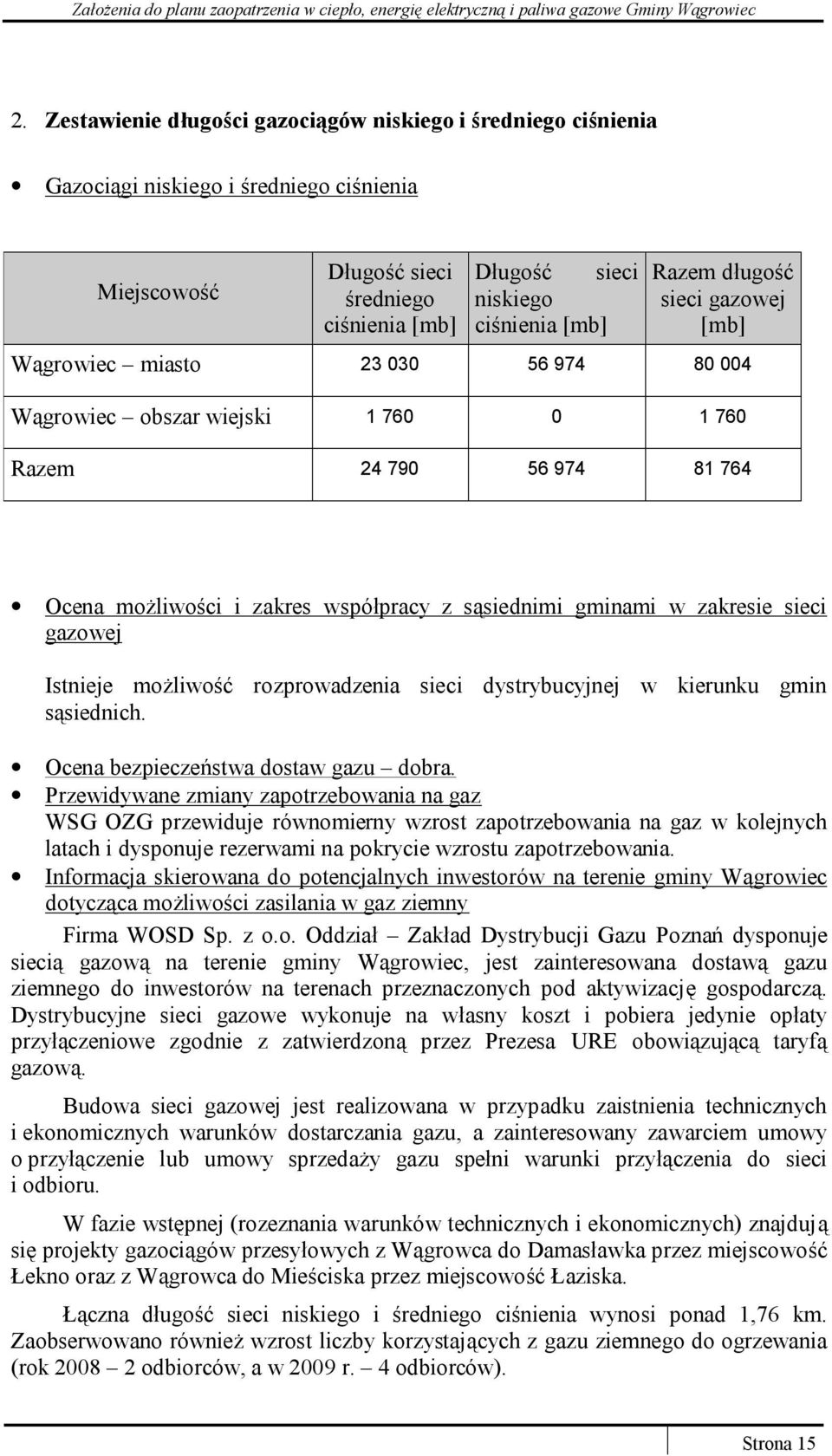 zakresie sieci gazowej Istnieje możliwość rozprowadzenia sieci dystrybucyjnej w kierunku gmin sąsiednich. Ocena bezpieczeństwa dostaw gazu dobra.