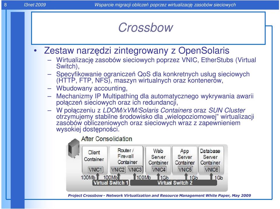 Multipathing dla automatycznego wykrywania awarii połączeń sieciowych oraz ich redundancji, W połączeniu z LDOM/xVM/Solaris Containers oraz SUN Cluster otrzymujemy stabilne środowisko