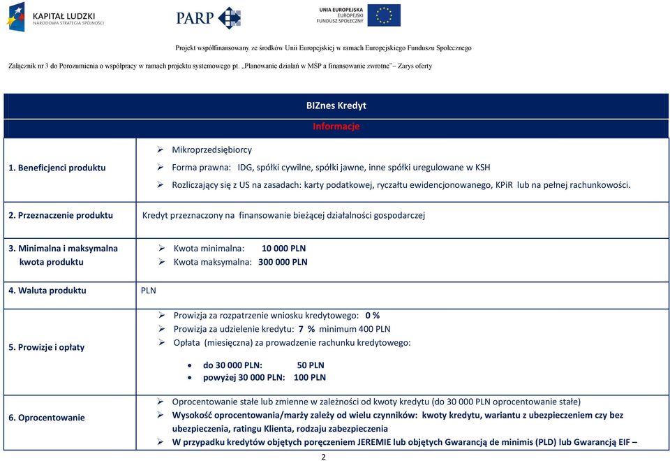 pełnej rachunkowości. 2. Przeznaczenie produktu Kredyt przeznaczony na finansowanie bieżącej działalności gospodarczej 3.