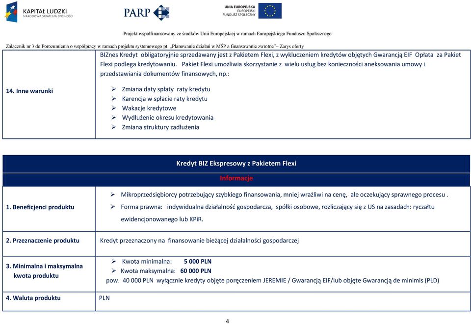 Inne warunki Zmiana daty spłaty raty kredytu Karencja w spłacie raty kredytu Wakacje kredytowe Wydłużenie okresu kredytowania Zmiana struktury zadłużenia Kredyt BIZ Ekspresowy z Pakietem Flexi