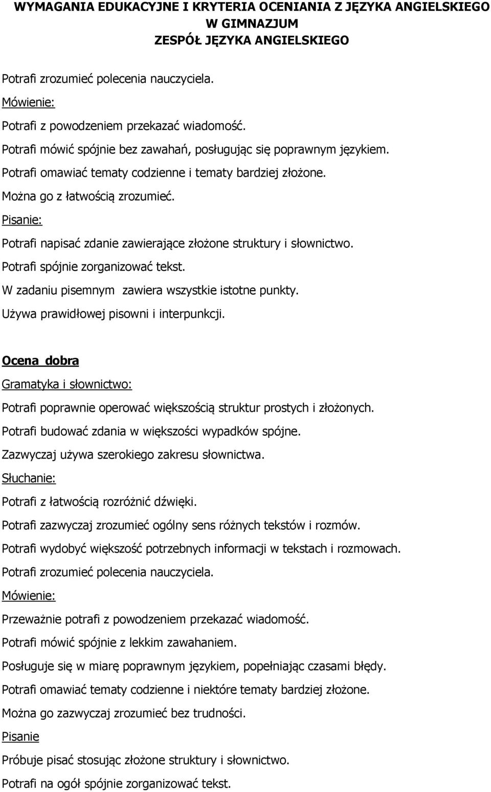 Potrafi spójnie zorganizować tekst. W zadaniu pisemnym zawiera wszystkie istotne punkty. Używa prawidłowej pisowni i interpunkcji.