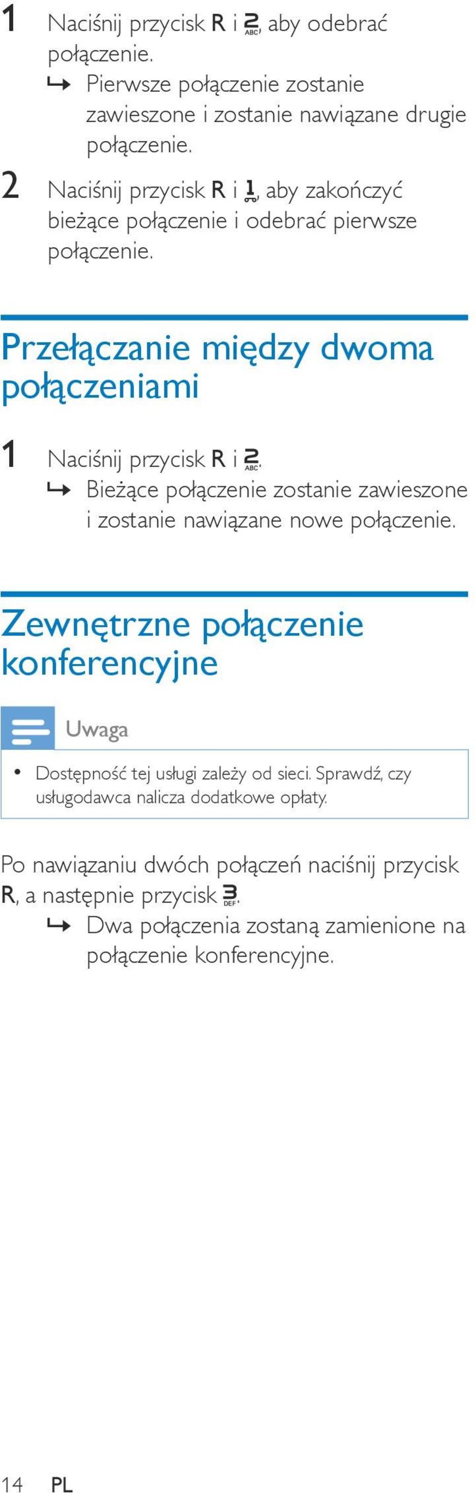 Bieżące połączenie zostanie zawieszone i zostanie nawiązane nowe połączenie. Zewnętrzne połączenie konferencyjne Dostępność tej usługi zależy od sieci.