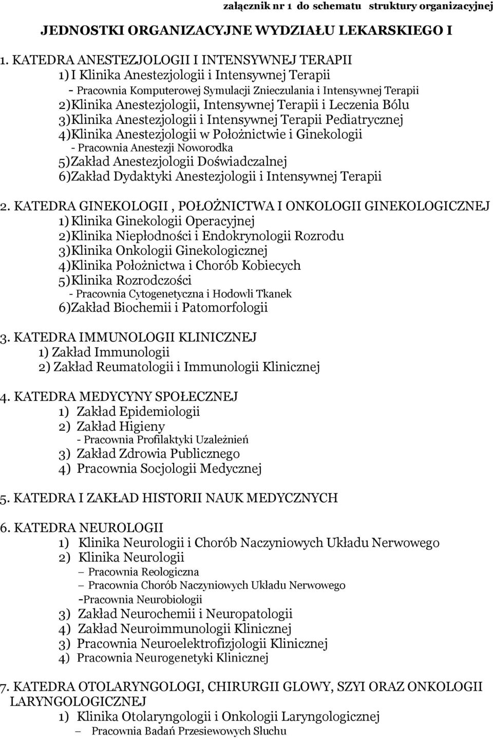 Intensywnej Terapii i Leczenia Bólu 3) Klinika Anestezjologii i Intensywnej Terapii Pediatrycznej 4) Klinika Anestezjologii w Położnictwie i Ginekologii - Pracownia Anestezji Noworodka 5) Zakład