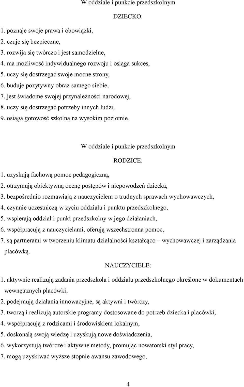 uczy się dostrzegać potrzeby innych ludzi, 9. osiąga gotowość szkolną na wysokim poziomie. W oddziale i punkcie przedszkolnym RODZICE: 1. uzyskują fachową pomoc pedagogiczną, 2.