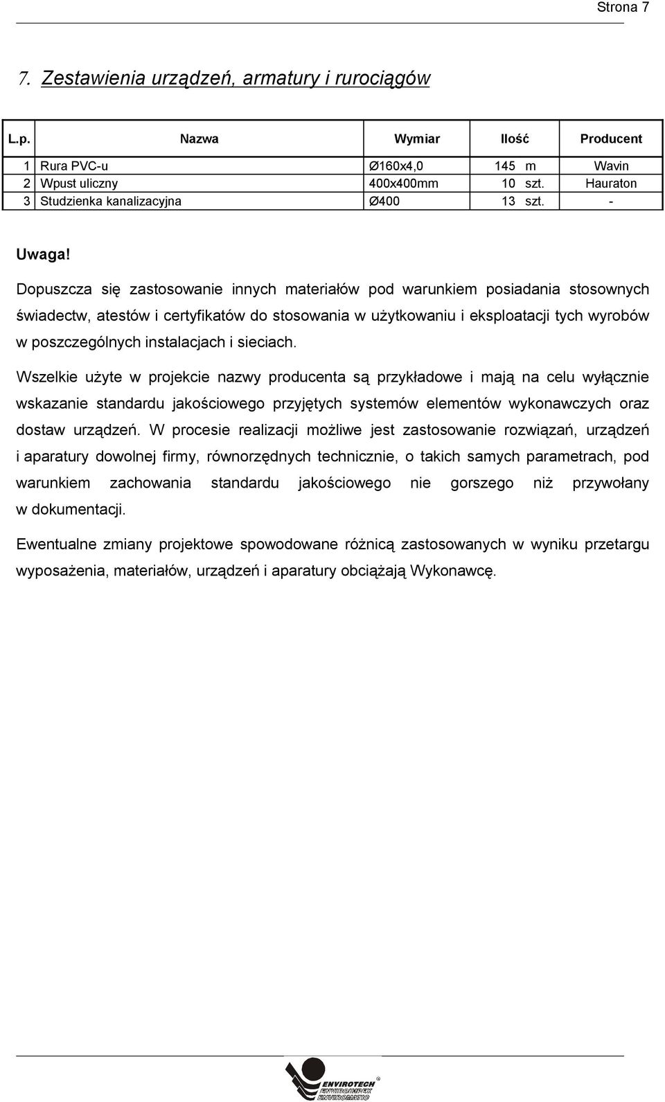 Dopuszcza się zastosowanie innych materiałów pod warunkiem posiadania stosownych świadectw, atestów i certyfikatów do stosowania w użytkowaniu i eksploatacji tych wyrobów w poszczególnych