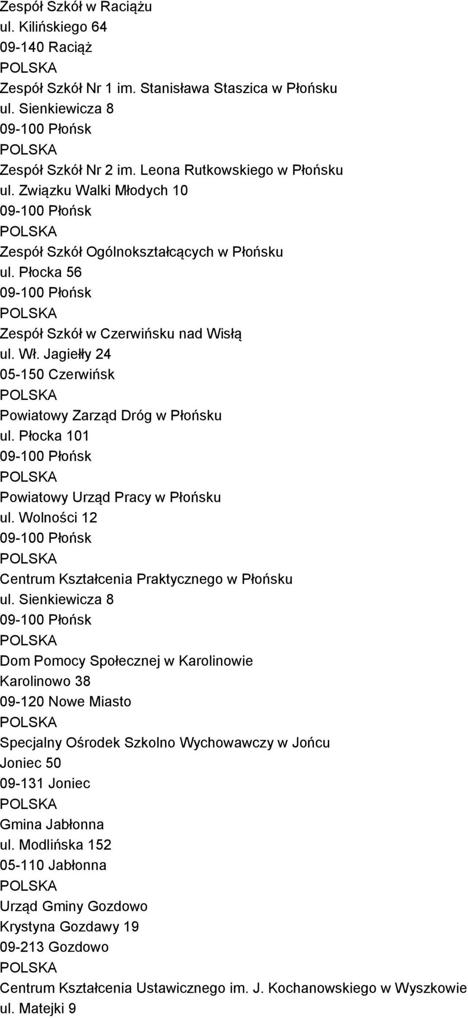 Płocka 101 Powiatowy Urząd Pracy w Płońsku ul. Wolności 12 Centrum Kształcenia Praktycznego w Płońsku ul.