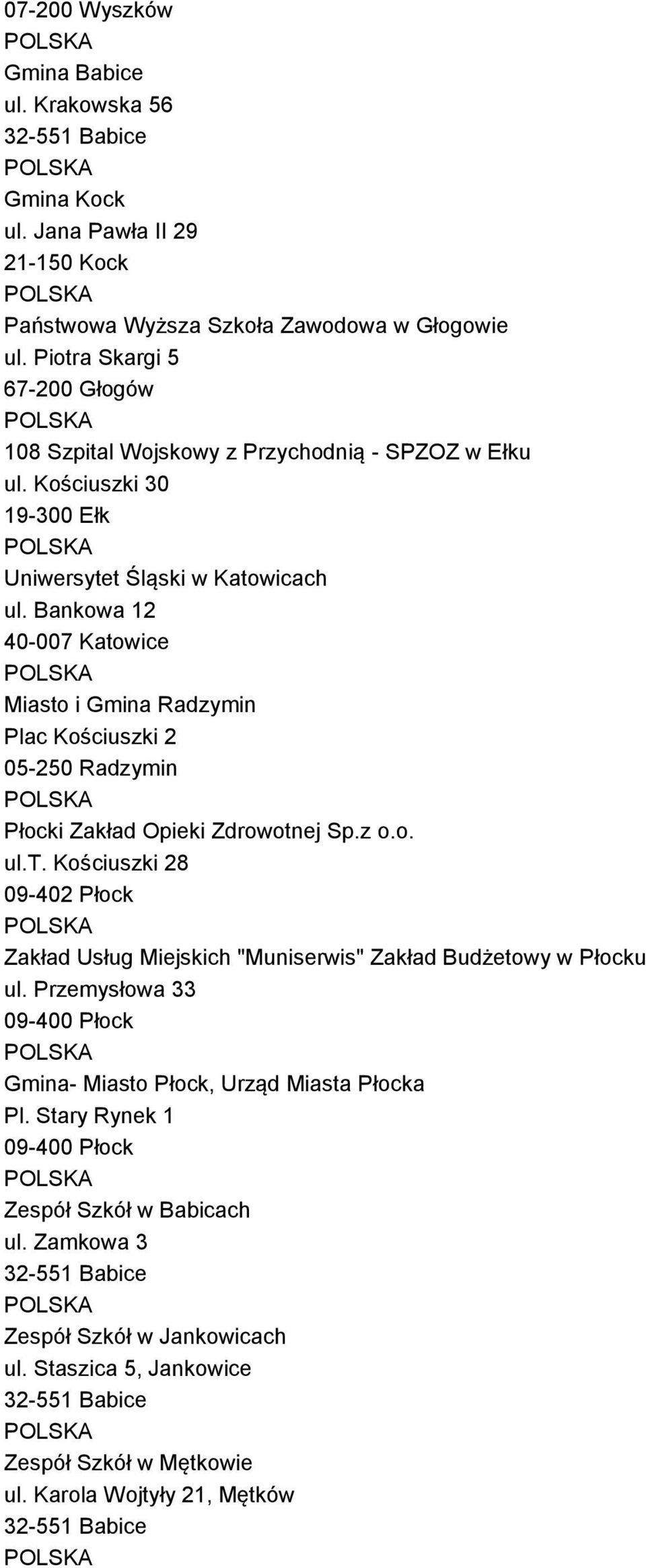 Bankowa 12 40-007 Katowice Miasto i Gmina Radzymin Plac Kościuszki 2 Płocki Zakład Opieki Zdrowotnej Sp.z o.o. ul.t. Kościuszki 28 09-402 Płock Zakład Usług Miejskich "Muniserwis" Zakład Budżetowy w Płocku ul.