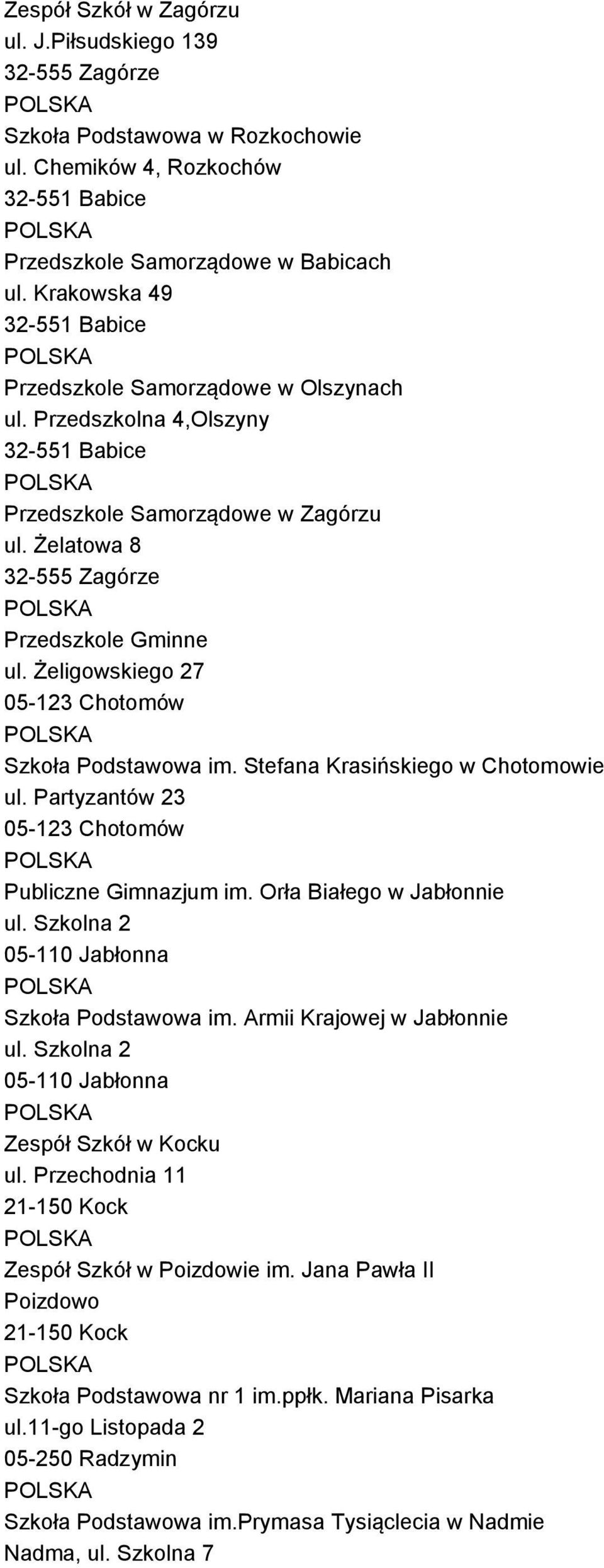 Żeligowskiego 27 05-123 Chotomów Szkoła Podstawowa im. Stefana Krasińskiego w Chotomowie ul. Partyzantów 23 05-123 Chotomów Publiczne Gimnazjum im. Orła Białego w Jabłonnie ul.