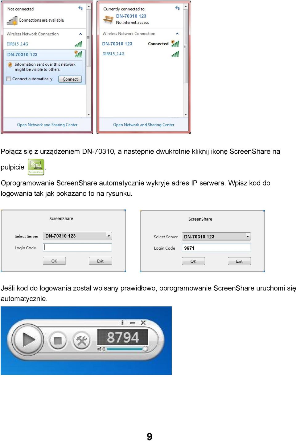 Oprogramowanie ScreenShare automatycznie wykryje adres IP serwera.