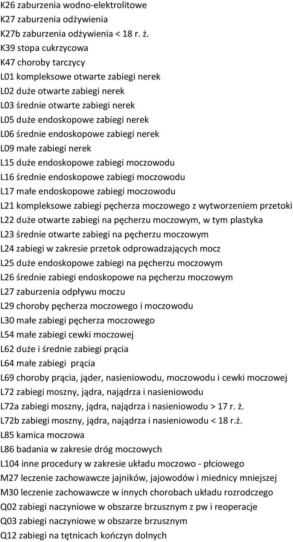 endoskopowe zabiegi nerek L09 małe zabiegi nerek L15 duże endoskopowe zabiegi moczowodu L16 średnie endoskopowe zabiegi moczowodu L17 małe endoskopowe zabiegi moczowodu L21 kompleksowe zabiegi