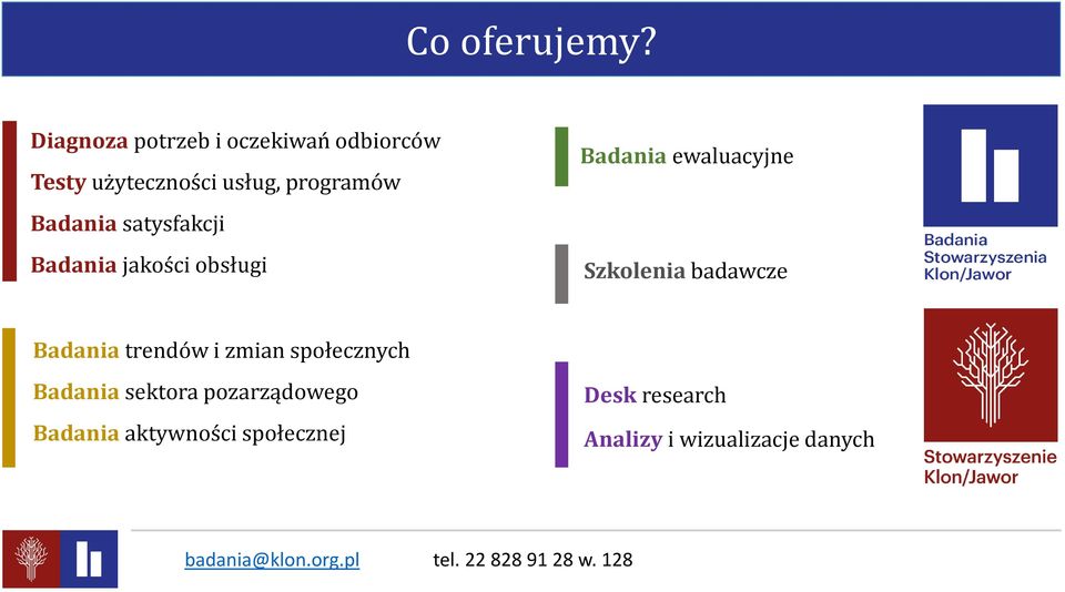 Badania satysfakcji Badania jakości obsługi Badania ewaluacyjne Szkolenia