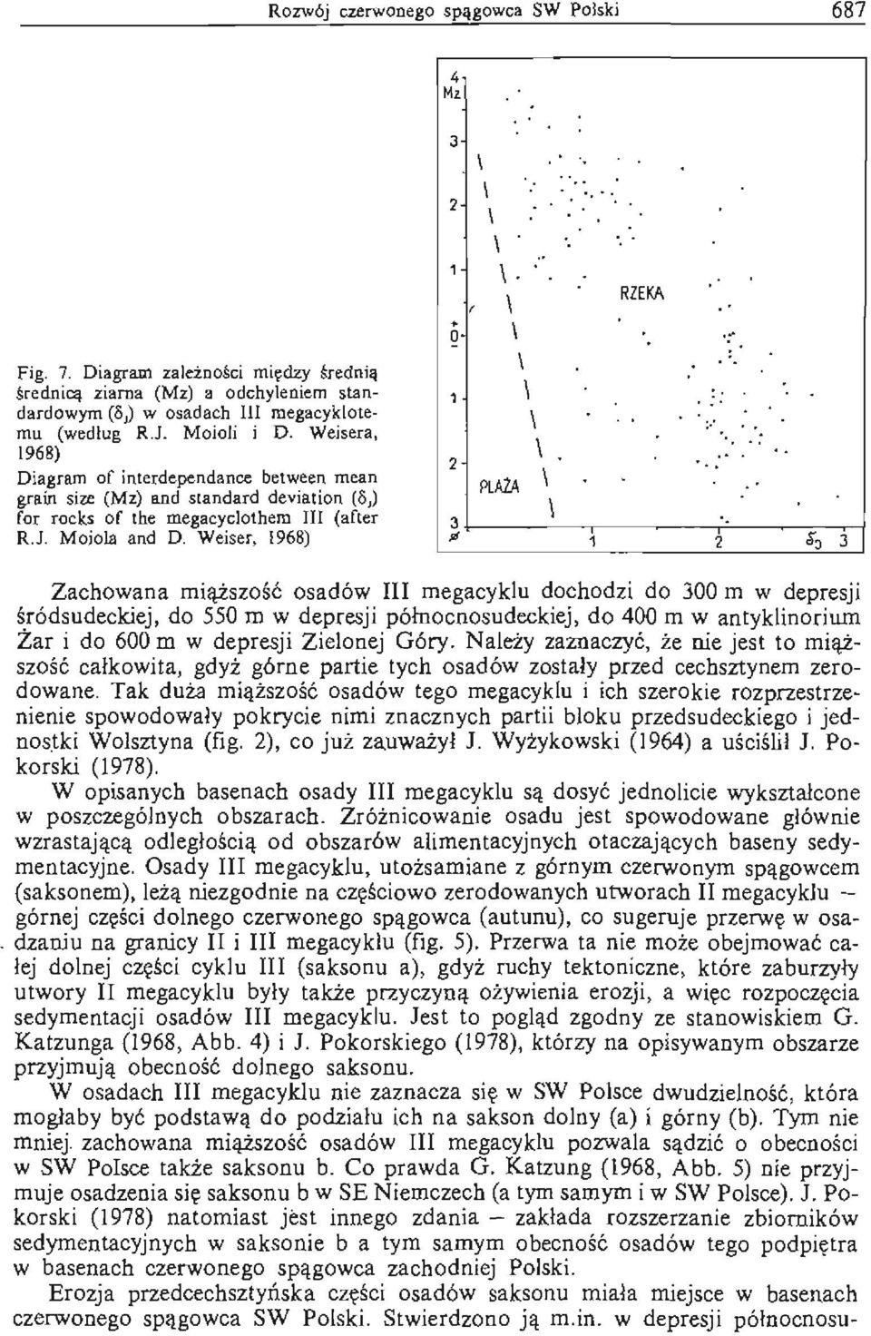 0 RZEKA Z+---------r---------,r------&~,~3c1 Zachowana miąższość osadów III megacyklu dochodzi do 300 m w depresji śródsudeckiej, do 550 m w depresji północnosudeckiej, do 400 m w antyklinorium Żar i