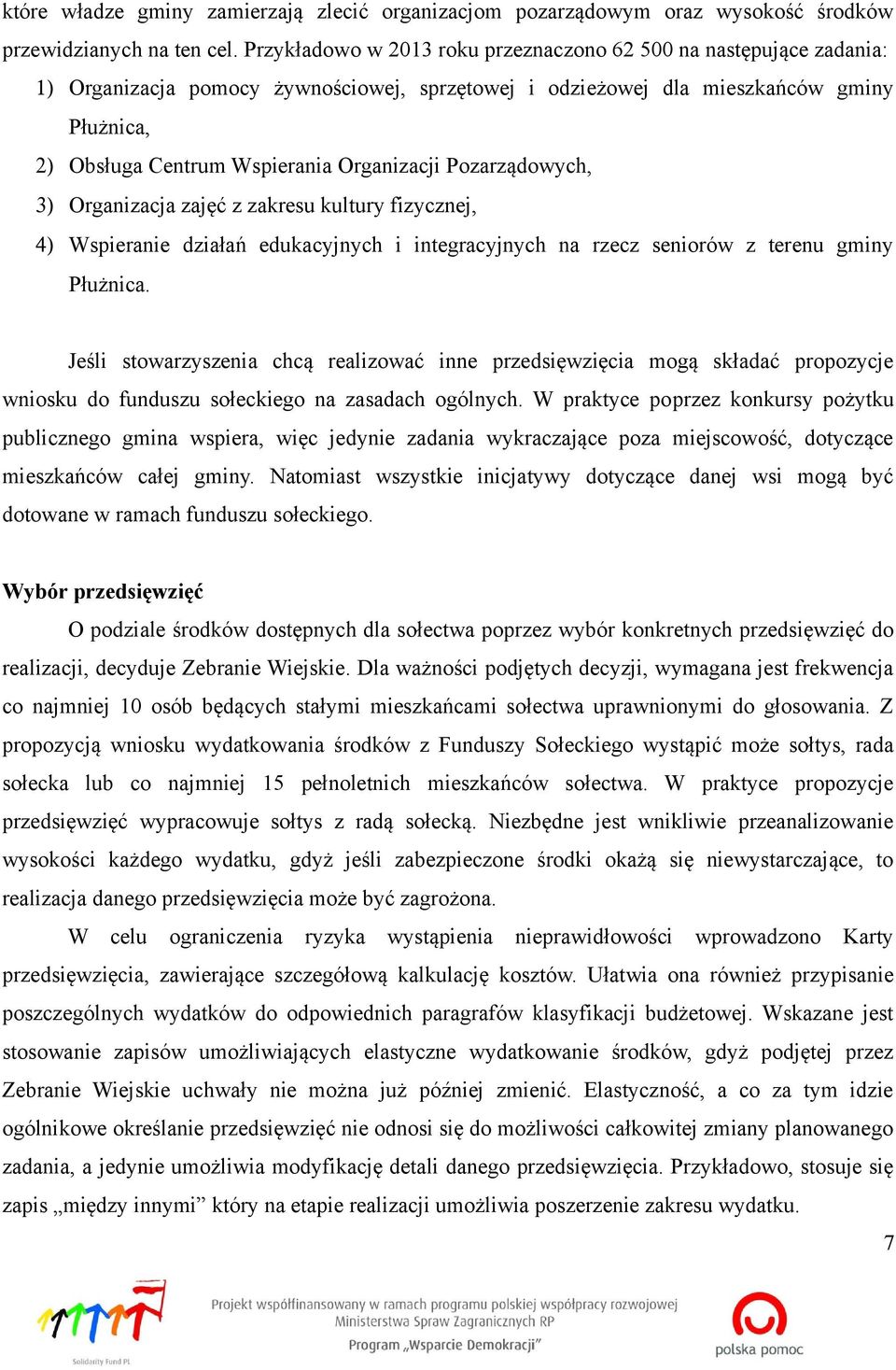 Organizacji Pozarządowych, 3) Organizacja zajęc z zakresu kultury fizycznej, 4) Wspieranie działań edukacyjnych i integracyjnych na rzecz seniorów z terenu gminy Płużnica.