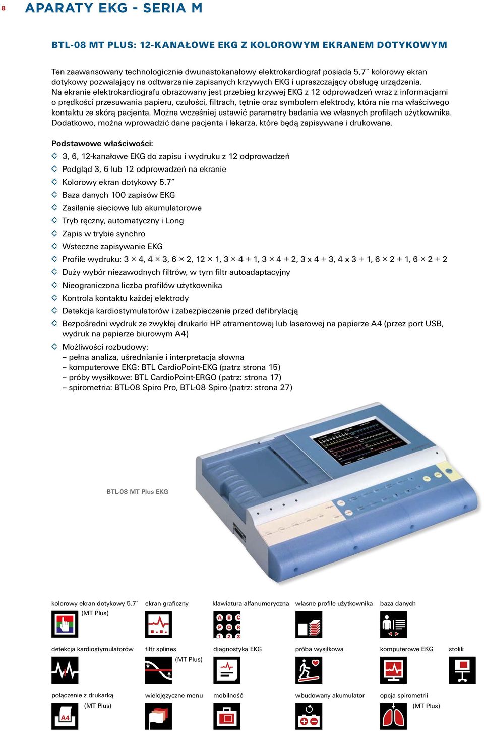 Na ekranie elektrokardiografu obrazowany jest przebieg krzywej EKG z 12 odprowadzeń wraz z informacjami o prędkości przesuwania papieru, czułości, filtrach, tętnie oraz symbolem elektrody, która nie