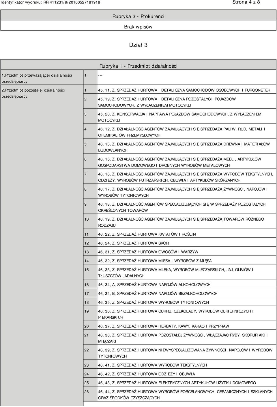 SAMOCHODOWYCH, Z WYŁĄCZEM MOTOCYKLI 3 45, 20, Z, KONSERWACJA I NAPRAWA POJAZDÓW SAMOCHODOWYCH, Z WYŁĄCZEM MOTOCYKLI 4 46, 12, Z, DZIAŁALNOŚĆ AGENTÓW ZAJMUJĄCYCH SIĘ SPRZEDAŻĄ PALIW, RUD, METALI I