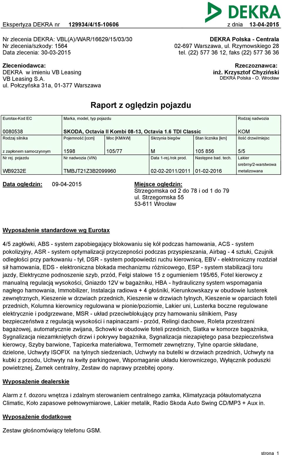 Wrocław Raport z oględzin pojazdu Eurotax-Kod EC Marka, model, typ pojazdu Rodzaj nadwozia 0080538 SKODA, Octavia II Kombi 08-3, Octavia.