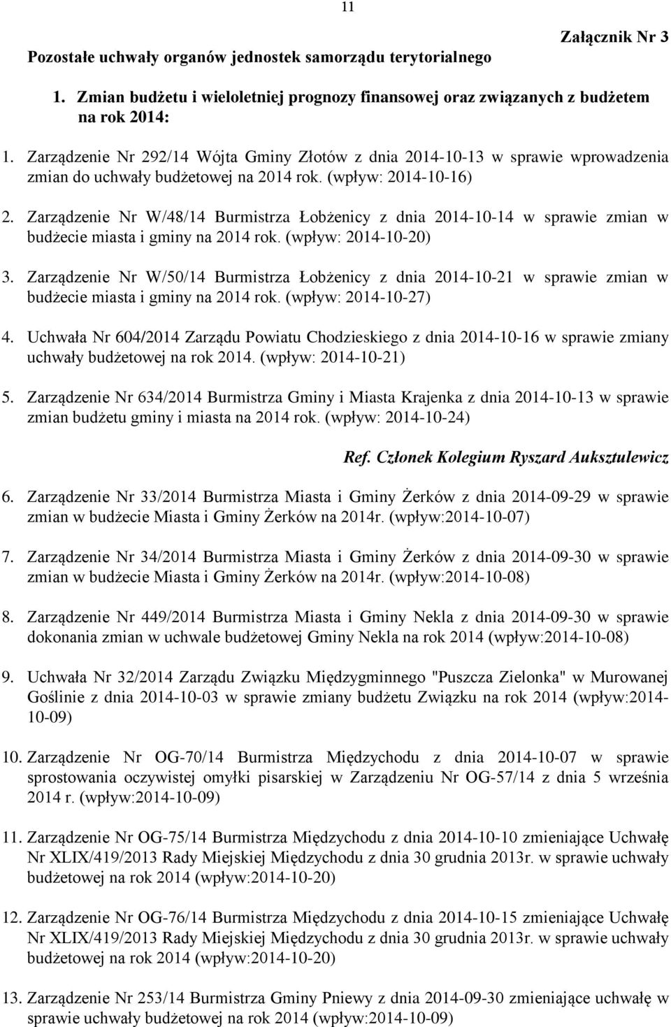 Zarządzenie Nr W/48/14 Burmistrza Łobżenicy z dnia 2014-10-14 w sprawie zmian w budżecie miasta i gminy na 2014 rok. (wpływ: 2014-10-20) 3.