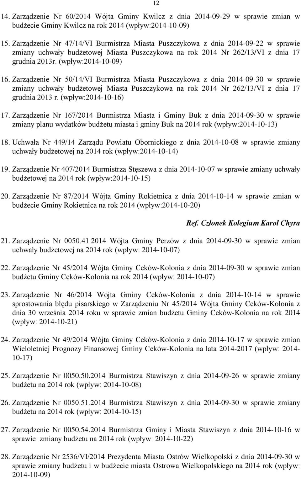 Zarządzenie Nr 50/14/VI Burmistrza Miasta Puszczykowa z dnia 2014-09-30 w sprawie zmiany uchwały budżetowej Miasta Puszczykowa na rok 2014 Nr 262/13/VI z dnia 17 grudnia 2013 r. (wpływ:2014-10-16) 17.