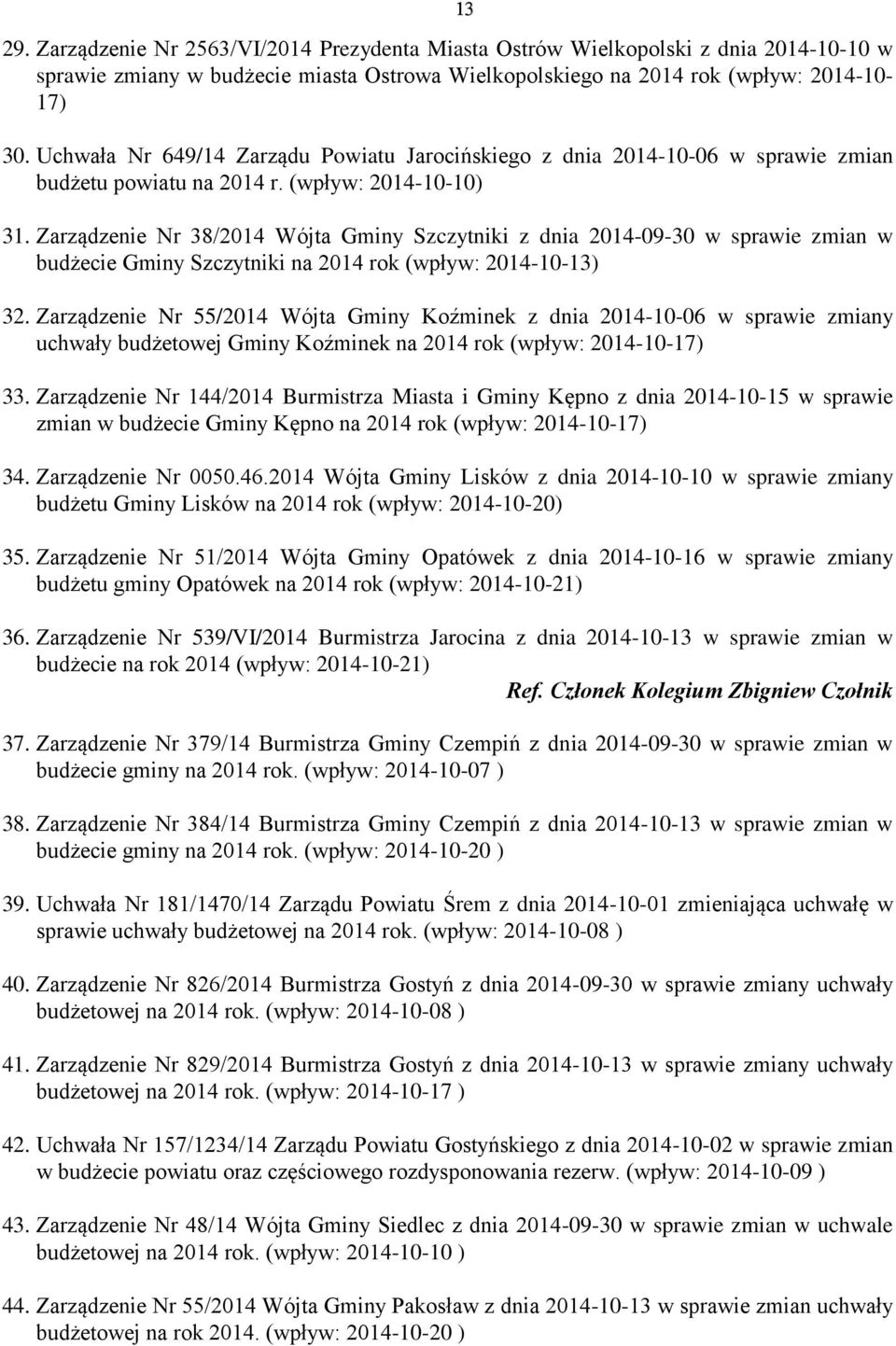 Zarządzenie Nr 38/2014 Wójta Gminy Szczytniki z dnia 2014-09-30 w sprawie zmian w budżecie Gminy Szczytniki na 2014 rok (wpływ: 2014-10-13) 32.