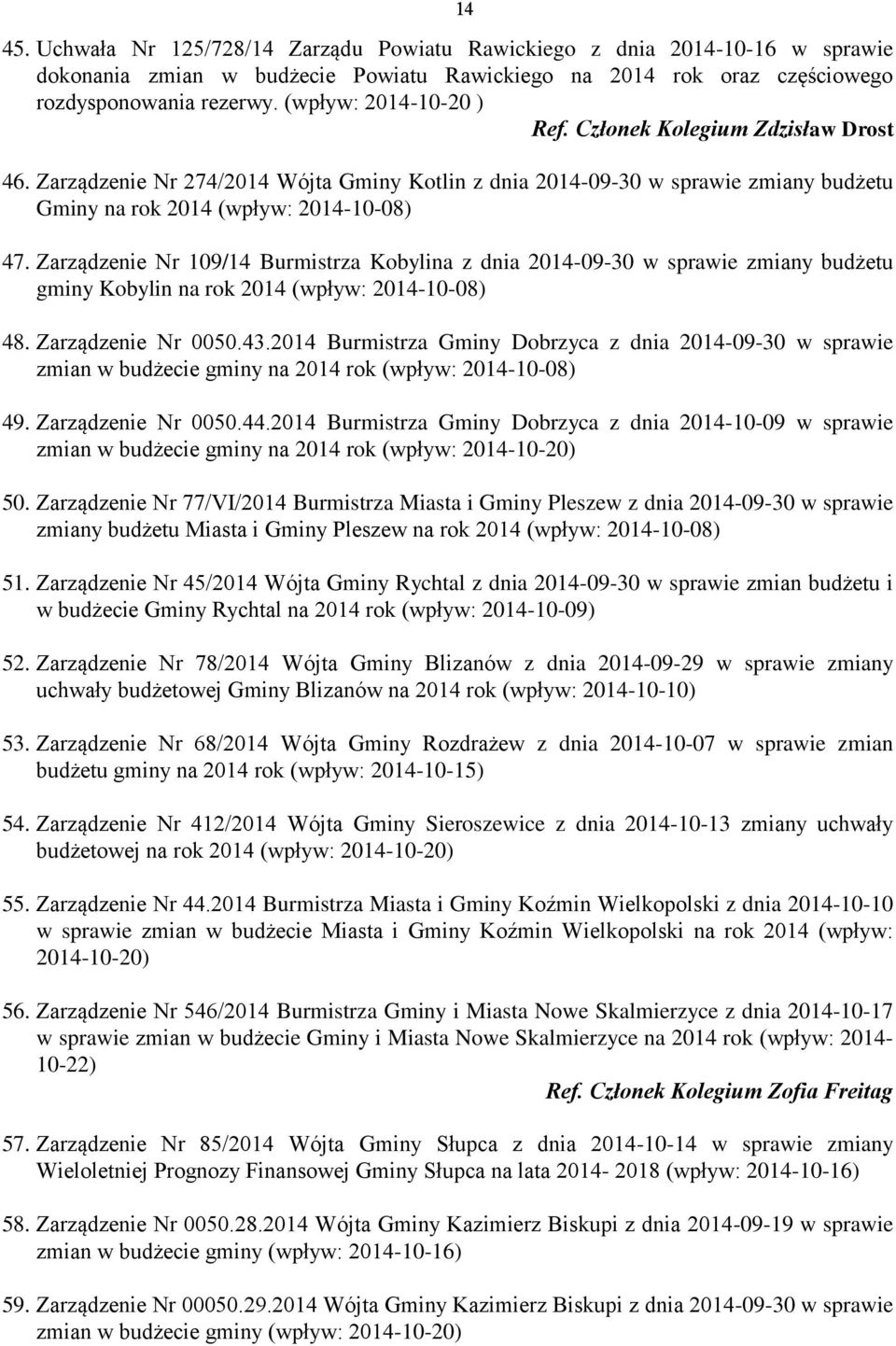 Zarządzenie Nr 109/14 Burmistrza Kobylina z dnia 2014-09-30 w sprawie zmiany budżetu gminy Kobylin na rok 2014 (wpływ: 2014-10-08) 48. Zarządzenie Nr 0050.43.