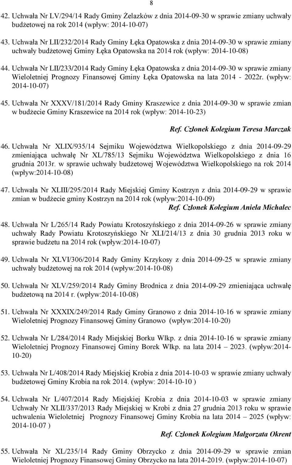 Uchwała Nr LII/233/2014 Rady Gminy Łęka Opatowska z dnia 2014-09-30 w sprawie zmiany Wieloletniej Prognozy Finansowej Gminy Łęka Opatowska na lata 2014-2022r. (wpływ: 2014-10-07) 45.