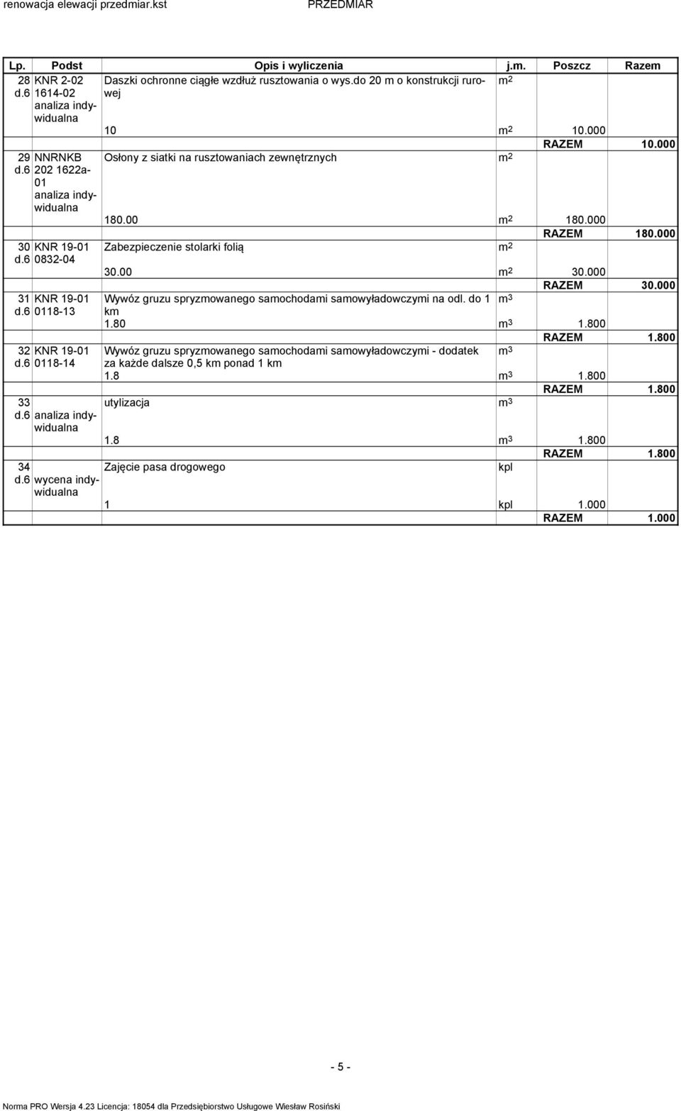 000 Zabezpieczenie stolarki folią 30.00 30.000 RAZEM 30.000 Wywóz gruzu spryzmowanego samochodami samowyładowczymi na odl. do 1 m 3 km 1.80 m 3 1.