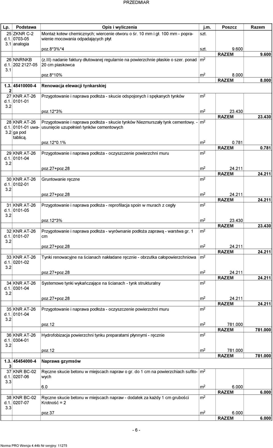 . 00-0 Przygotowanie i naprawa podłoża - skucie odspojonych i spękanych tynków poz.2*3% 23.430 RAZEM 23.430 28 KNR AT-26 Przygotowanie i naprawa podłoża - skucie tynków Niezurszały tynk ceentowy. - d.