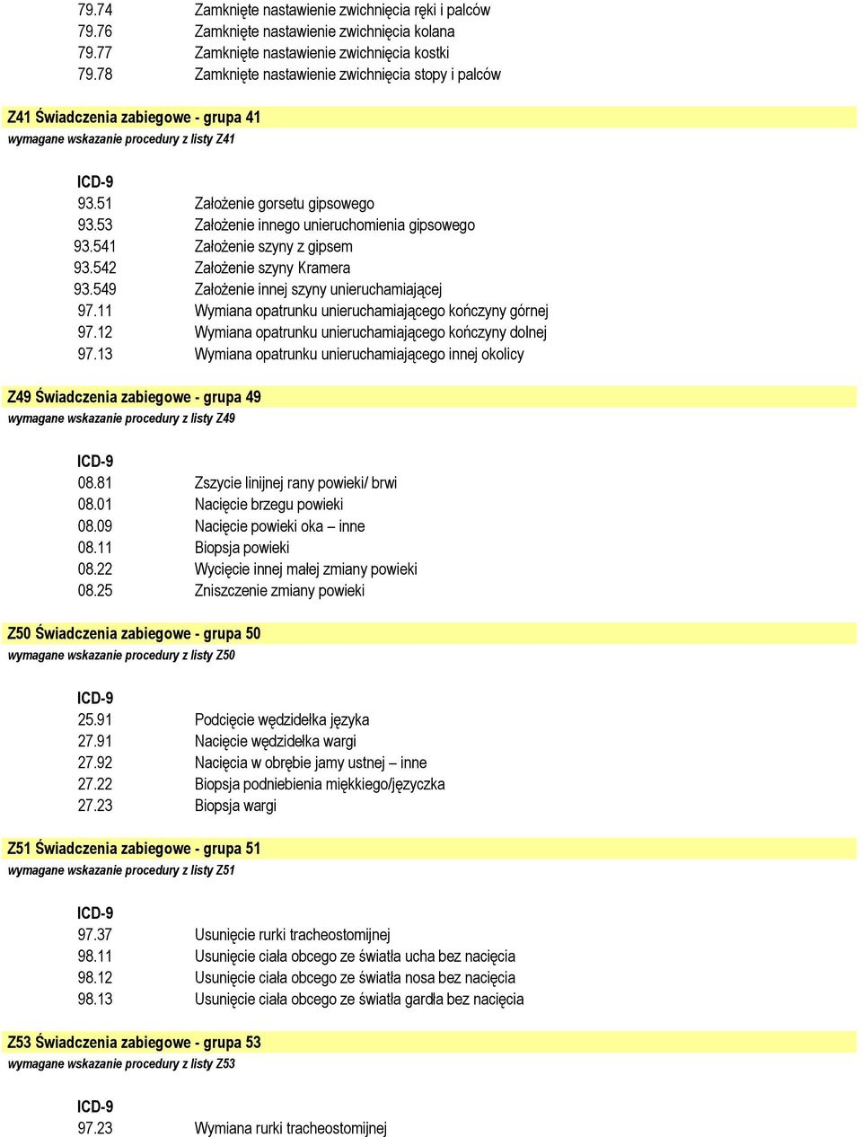 53 Założenie innego unieruchomienia gipsowego 93.541 Założenie szyny z gipsem 93.542 Założenie szyny Kramera 93.549 Założenie innej szyny unieruchamiającej 97.