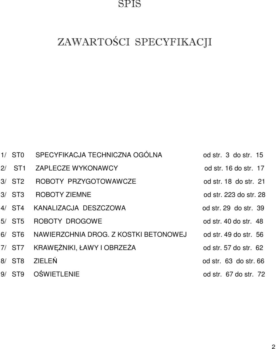 28 4/ ST4 KANALIZACJA DESZCZOWA od str. 29 do str. 39 5/ ST5 ROBOTY DROGOWE od str. 40 do str. 48 6/ ST6 NAWIERZCHNIA DROG.