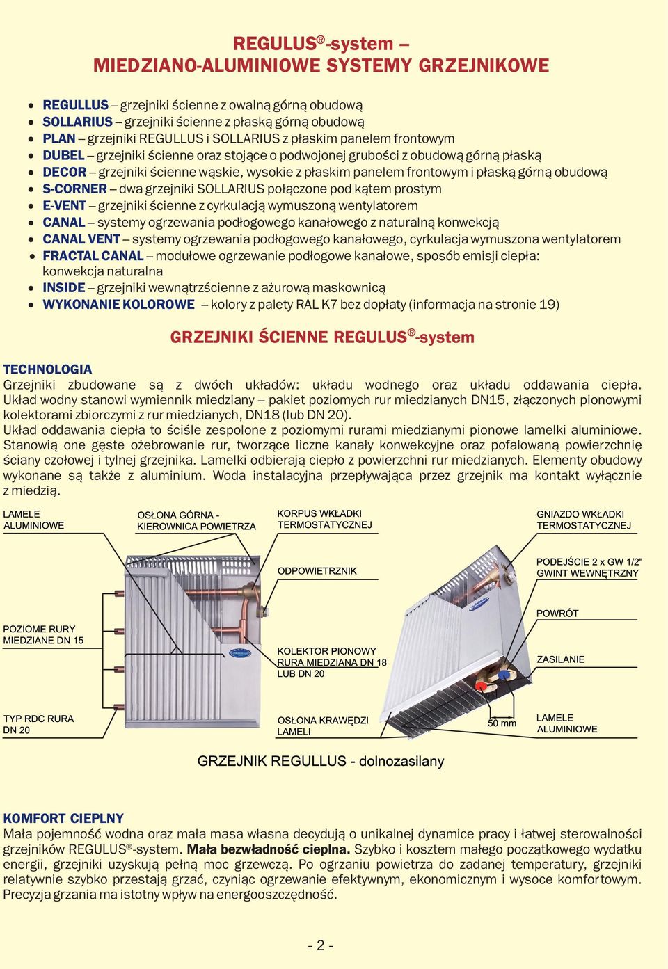 S-CORNER dwa grzejniki SOLLARIUS połączone pod kątem prostym E-VENT grzejniki ścienne z cyrkulacją wymuszoną wentylatorem CANAL systemy ogrzewania podłogowego kanałowego z naturalną konwekcją CANAL