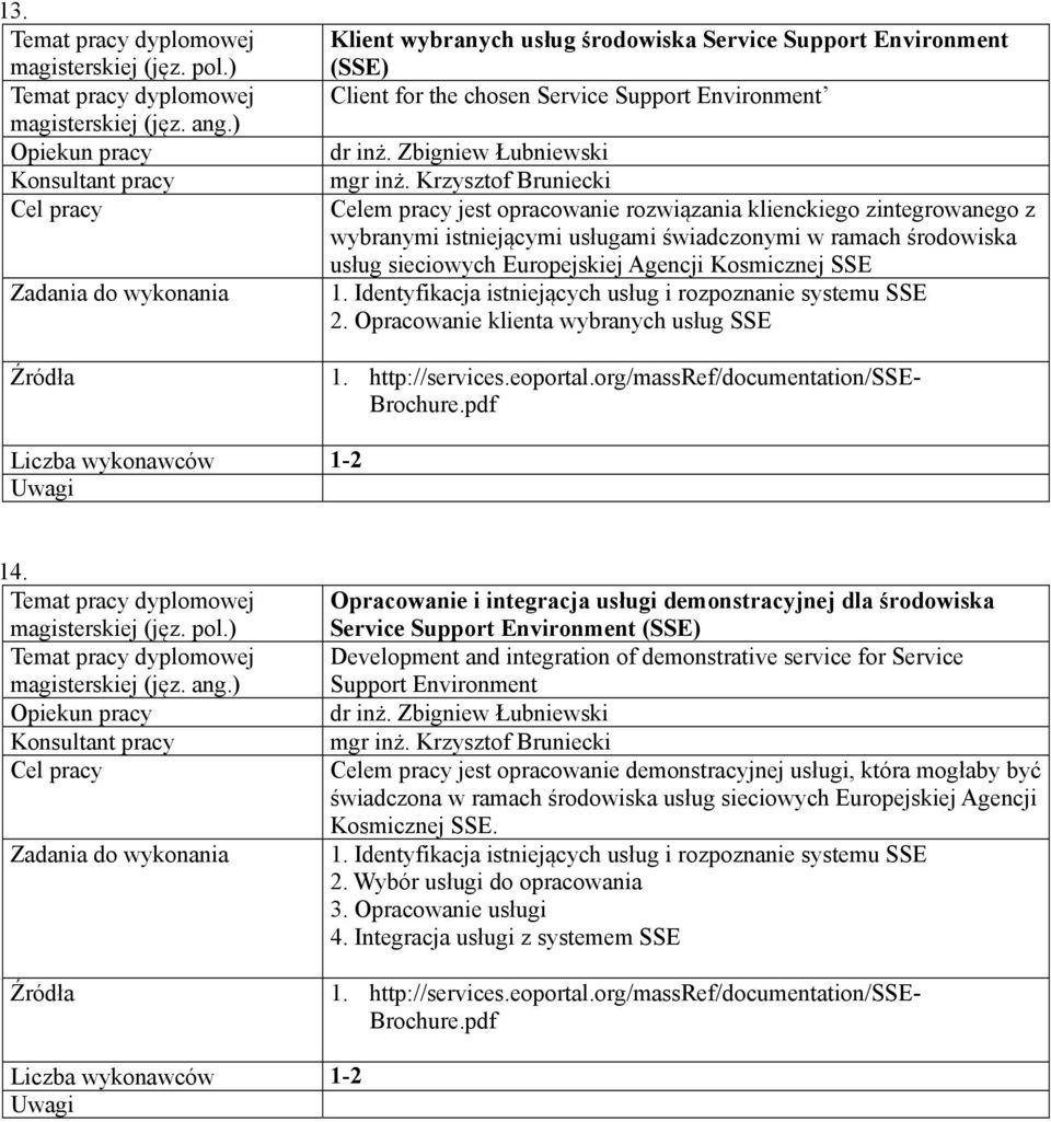 Kosmicznej SSE 1. Identyfikacja istniejących usług i rozpoznanie systemu SSE 2. Opracowanie klienta wybranych usług SSE 1. http://services.eoportal.org/massref/documentation/sse- Brochure.pdf 1-2 14.