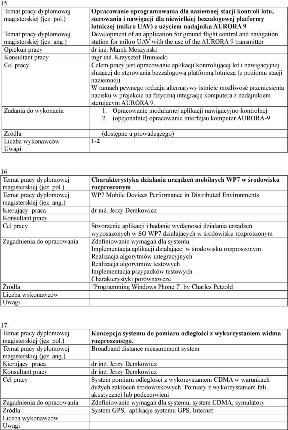 Krzysztof Bruniecki Celem pracy jest opracowanie aplikacji kontrolującej lot i nawigacyjnej służącej do sterowania bezzałogową platformą lotniczą (z poziomu stacji naziemnej).
