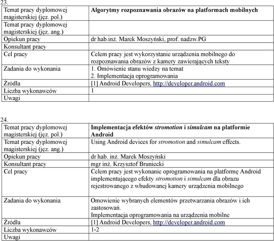Implementacja oprogramowania [1] Android Developers, http://developer.android.com 24.