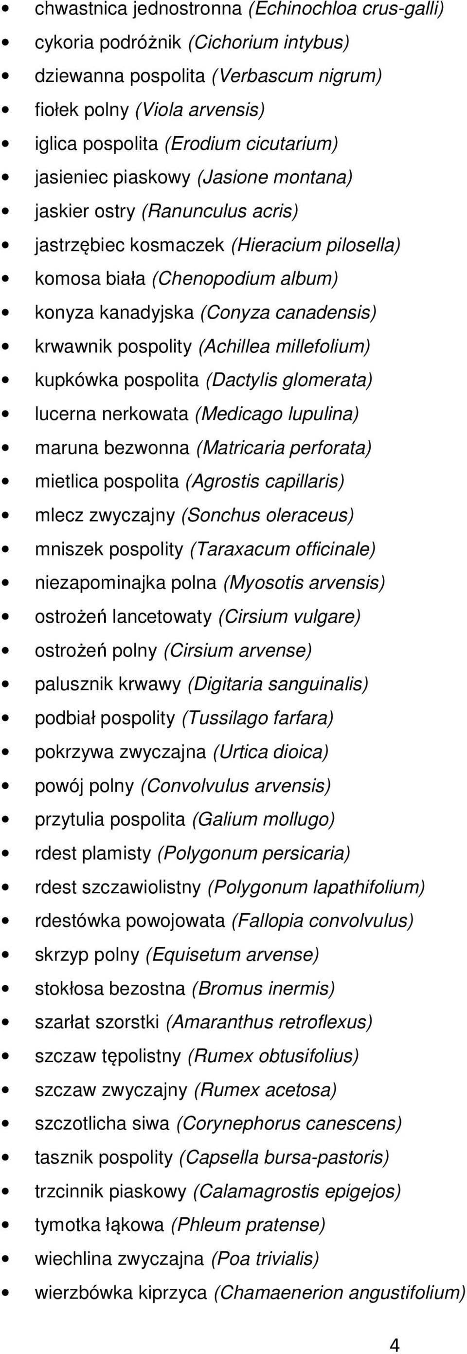 pospolity (Achillea millefolium) kupkówka pospolita (Dactylis glomerata) lucerna nerkowata (Medicago lupulina) maruna bezwonna (Matricaria perforata) mietlica pospolita (Agrostis capillaris) mlecz