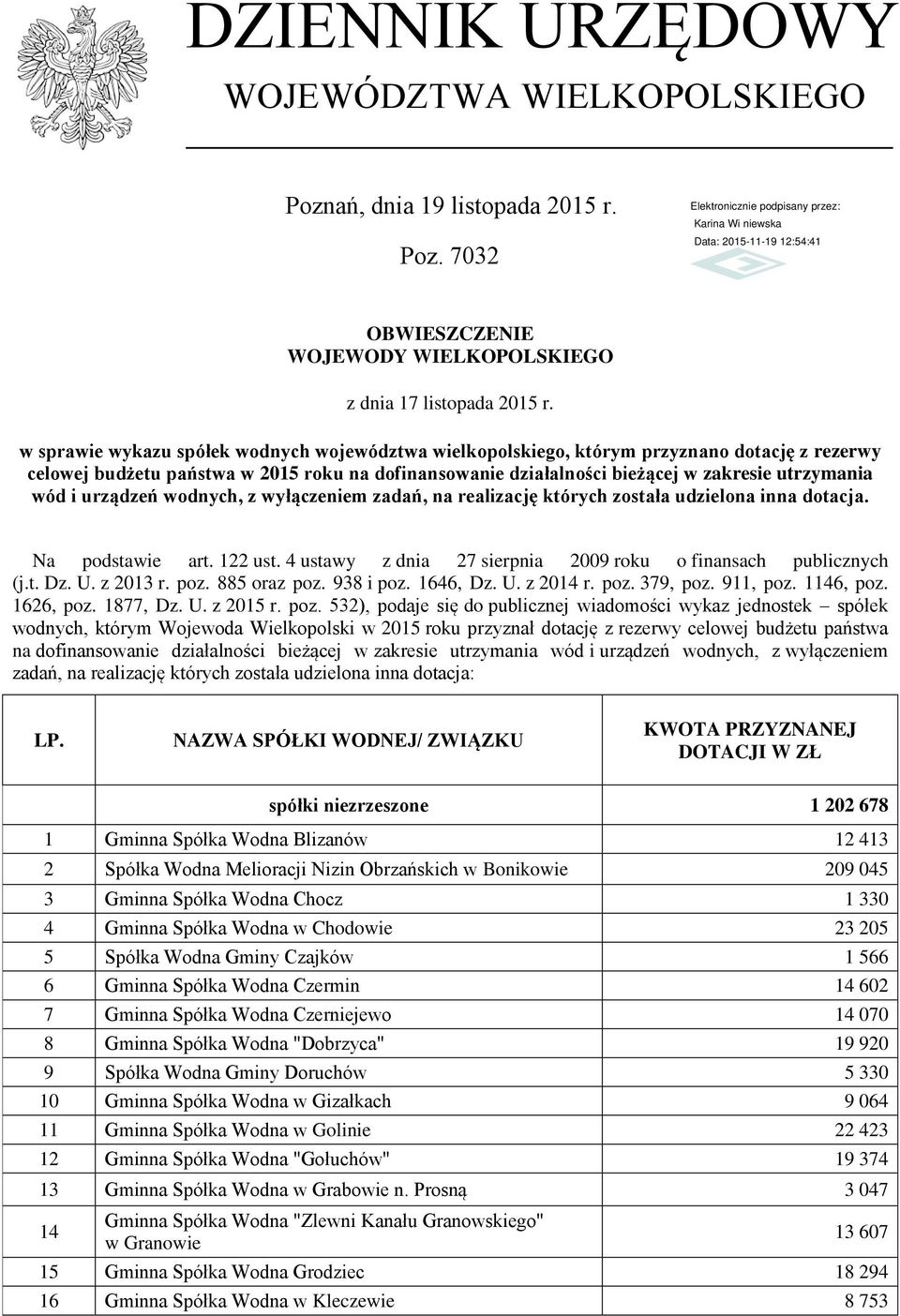 urządzeń wodnych, z wyłączeniem zadań, na realizację których została udzielona inna dotacja. Na podstawie art. 122 ust. 4 ustawy z dnia 27 sierpnia 2009 roku o finansach publicznych (j.t. Dz. U.