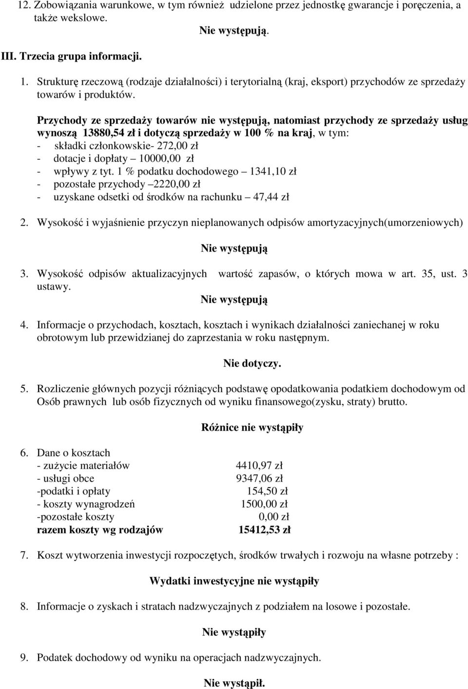 Przychody ze sprzedaży towarów nie występują, natomiast przychody ze sprzedaży usług wynoszą 13880,54 zł i dotyczą sprzedaży w 100 % na kraj, w tym: - składki członkowskie- 272,00 zł - dotacje i