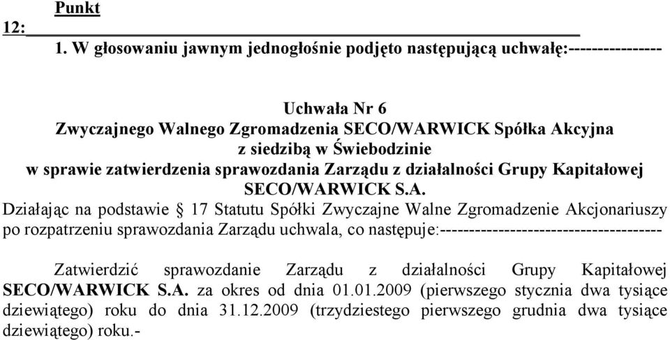 w sprawie zatwierdzenia sprawozdania Zarządu z działalności Grupy Kapitałowej SECO/WAR