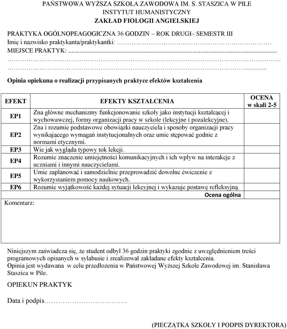 ..... Opinia opiekuna o realizacji przypisanych praktyce efektów kształcenia EFEKT EFEKTY KZTAŁCENIA Zna główne mechanizmy funkcjonowanie szkoły jako instytucji kształcącej i EP1 wychowawczej, formy