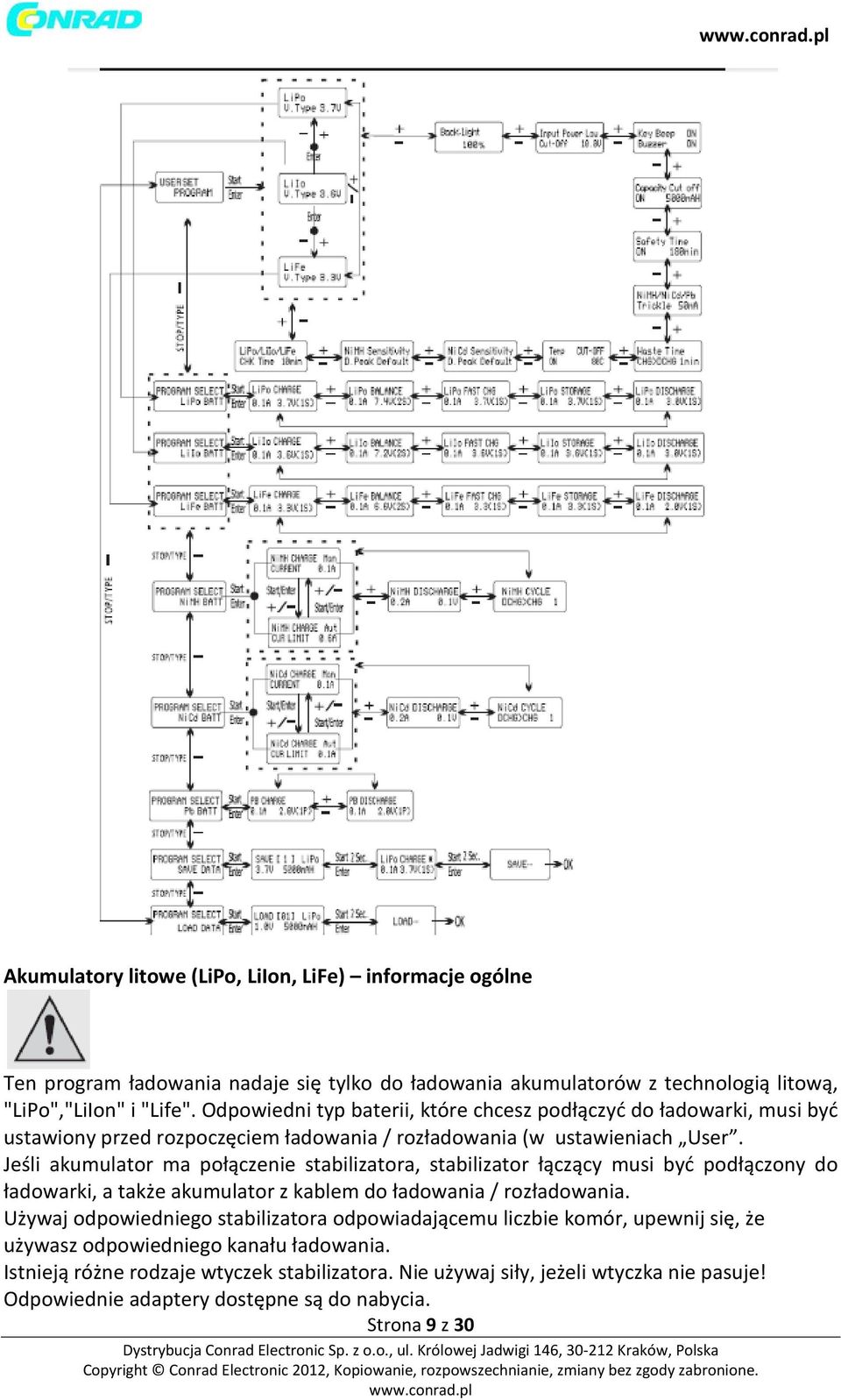 Jeśli akumulator ma połączenie stabilizatora, stabilizator łączący musi być podłączony do ładowarki, a także akumulator z kablem do ładowania / rozładowania.