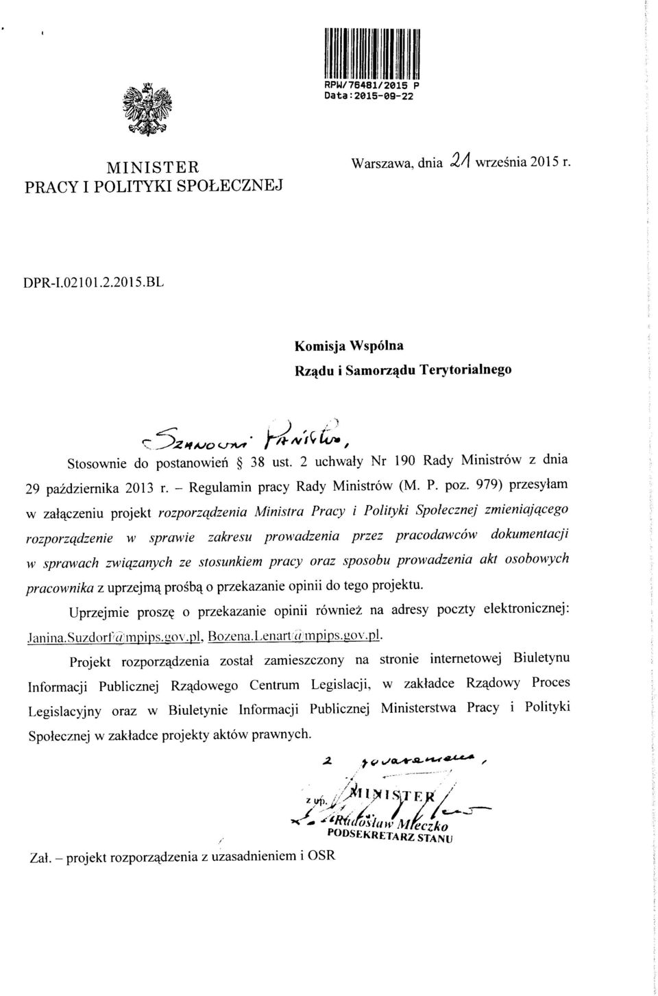 979) przesylam w zai^czeniu projekt rozporzqdzenia Ministra Pracy i Polityki Spolecznej zmieniajqcego rozporzqdzenie w sprawie zakresu prowadzenia przez pracodawcow dokumentacji w sprawach