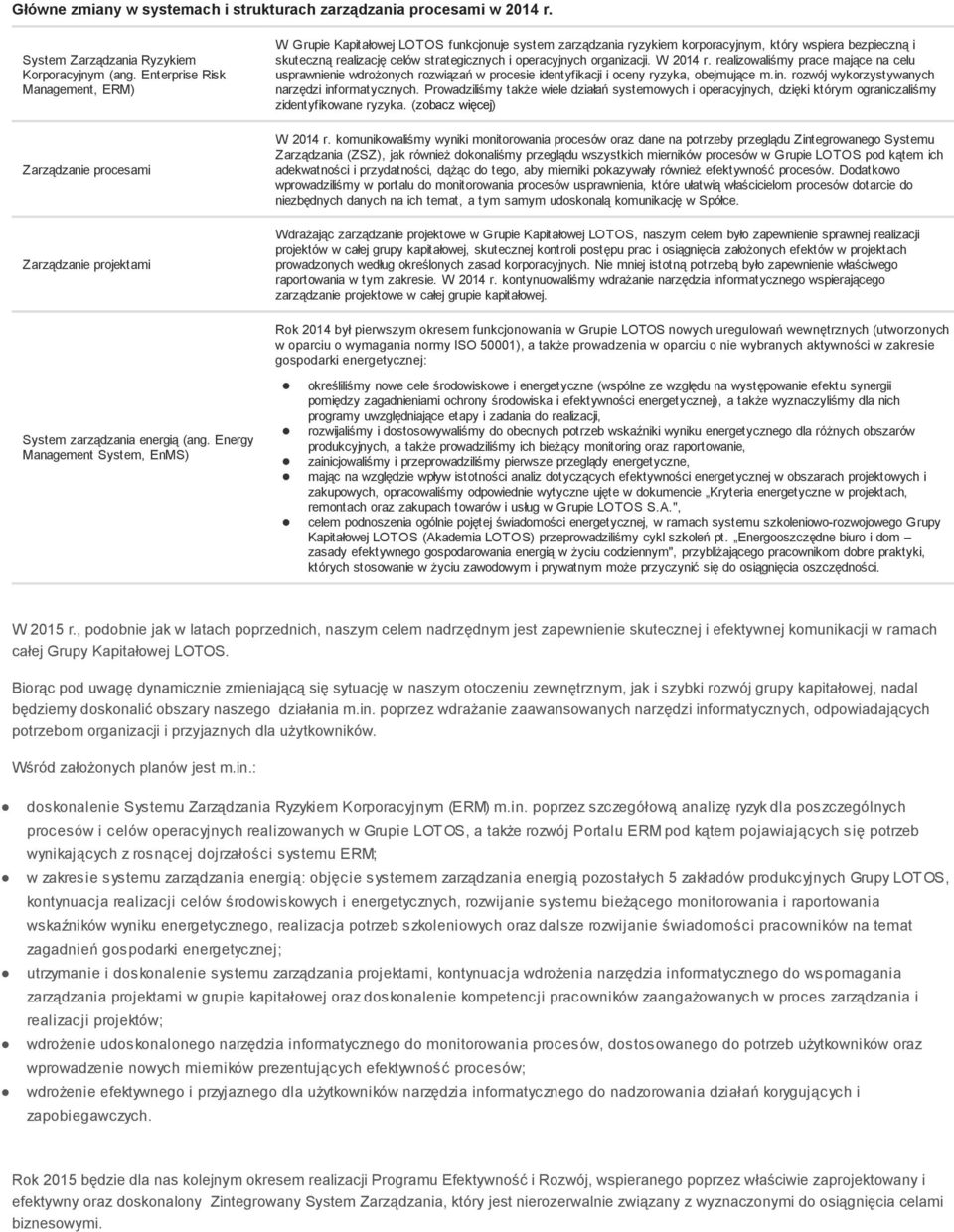 realizację celów strategicznych i operacyjnych organizacji. W 2014 r. realizowaliśmy prace mające na celu usprawnienie wdrożonych rozwiązań w procesie identyfikacji i oceny ryzyka, obejmujące m.in.