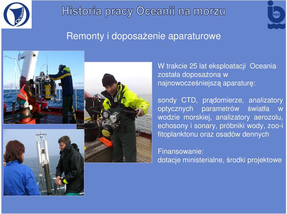 parametrów światła w wodzie morskiej, analizatory aerozolu, echosony i sonary, próbniki