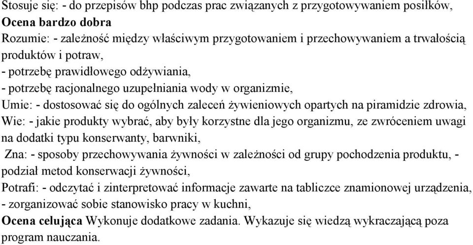 aby były korzystne dla jego organizmu, ze zwróceniem uwagi na dodatki typu konserwanty, barwniki, Zna: - sposoby przechowywania żywności w zależności od grupy pochodzenia produktu, - podział metod