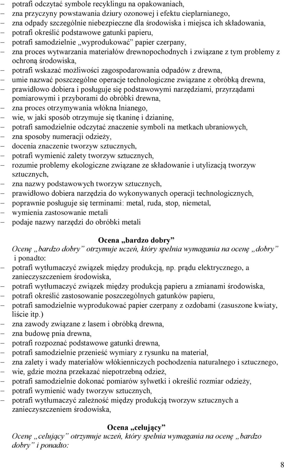 potrafi wskazać możliwości zagospodarowania odpadów z drewna, umie nazwać poszczególne operacje technologiczne związane z obróbką drewna, prawidłowo dobiera i posługuje się podstawowymi narzędziami,