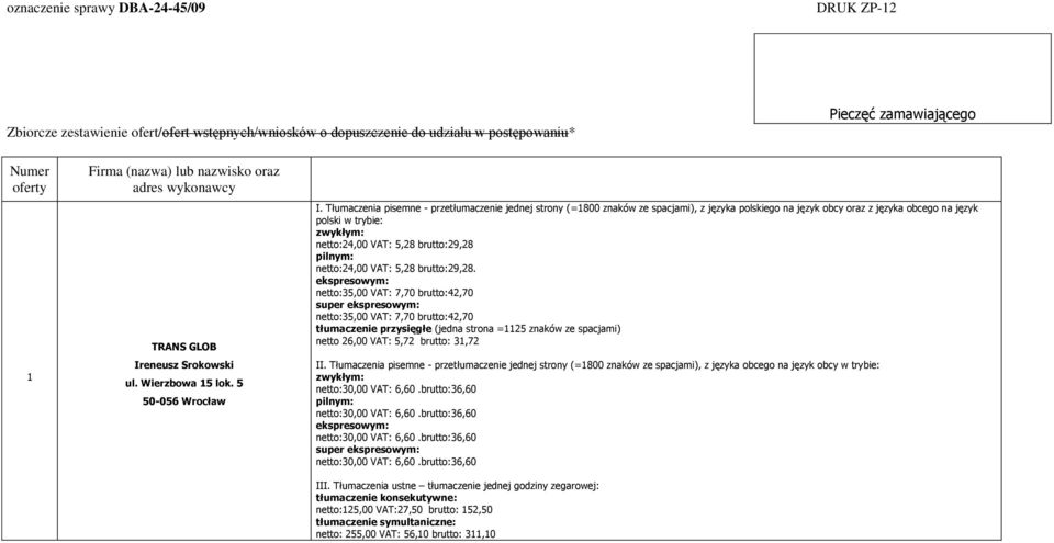 Srokowski ul. Wierzbowa 15 lok. 5 50-056 Wrocław netto:24,00 VAT: 5,28 brutto:29,28 netto:24,00 VAT: 5,28 brutto:29,28.